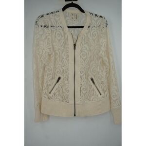 Free People Jacket Ivory Lace Floral Bomber Sheer Zip Pockets Women's Large